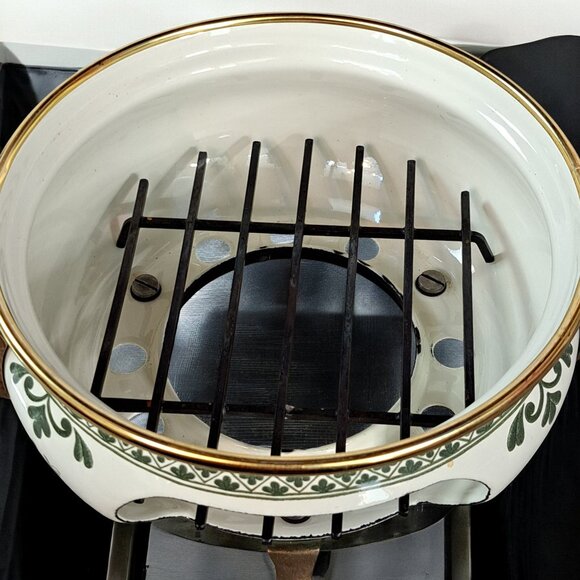 ASTA Enamelware Footed Warmer Chafing Dish BOTTOM ONLY Brass Handles 7" - Picture 3 of 5